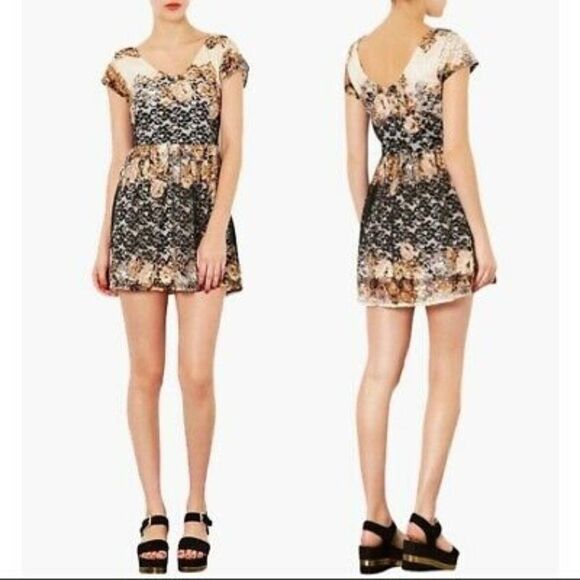 Topshop Black Brown Double V Floral Lace Woman's Mini Skater Dress - Picture 1 of 7
